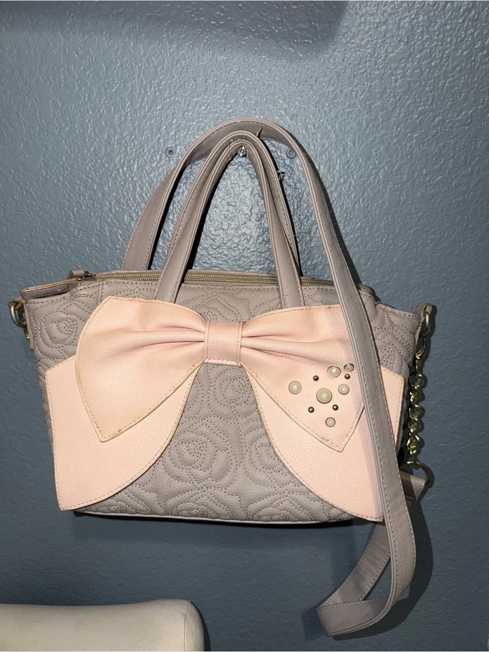 Betsey Johnson Taupe and Blush Bow Satchel Bag